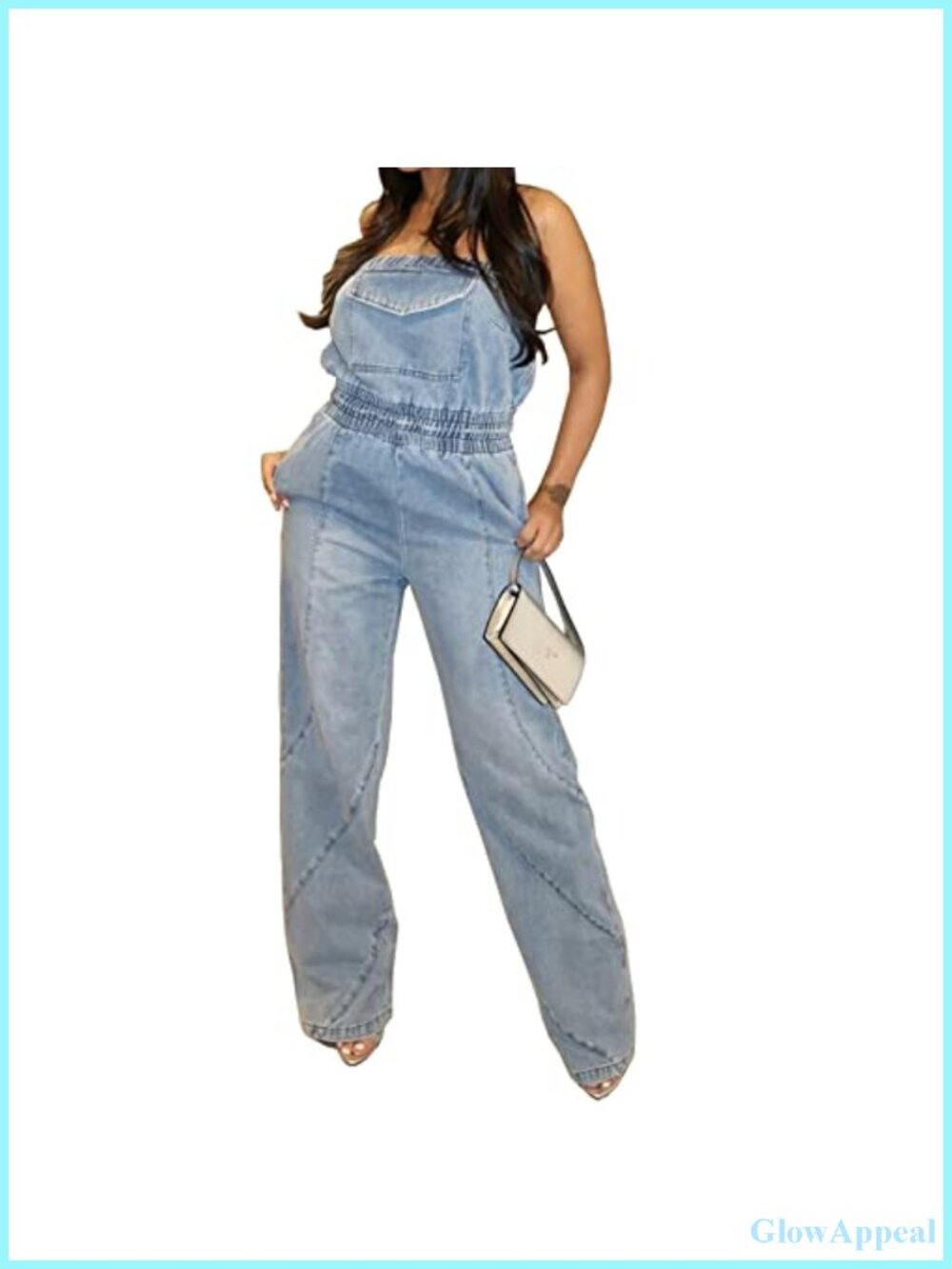 Womens Strapless Denim Cargo Jumpsuit Romper Sleeveless One Piece Jeans